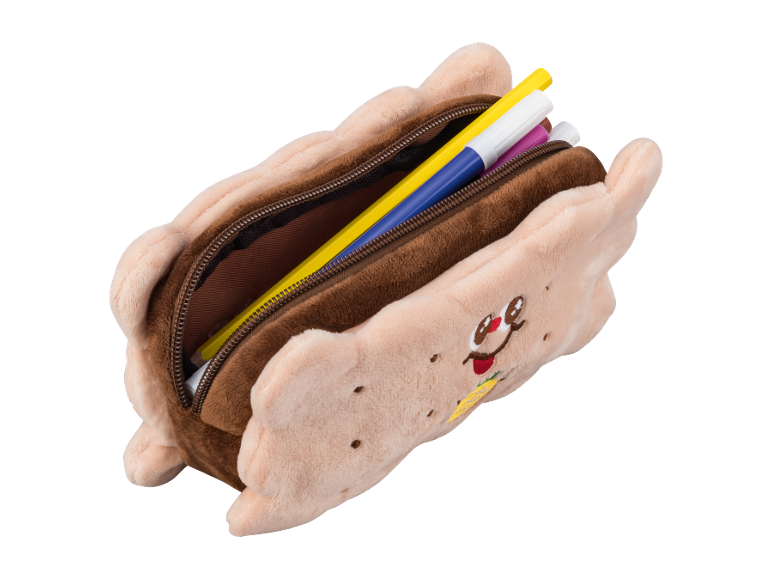 Penar de pluș în formă de hotdog cu față și ustensile de scris