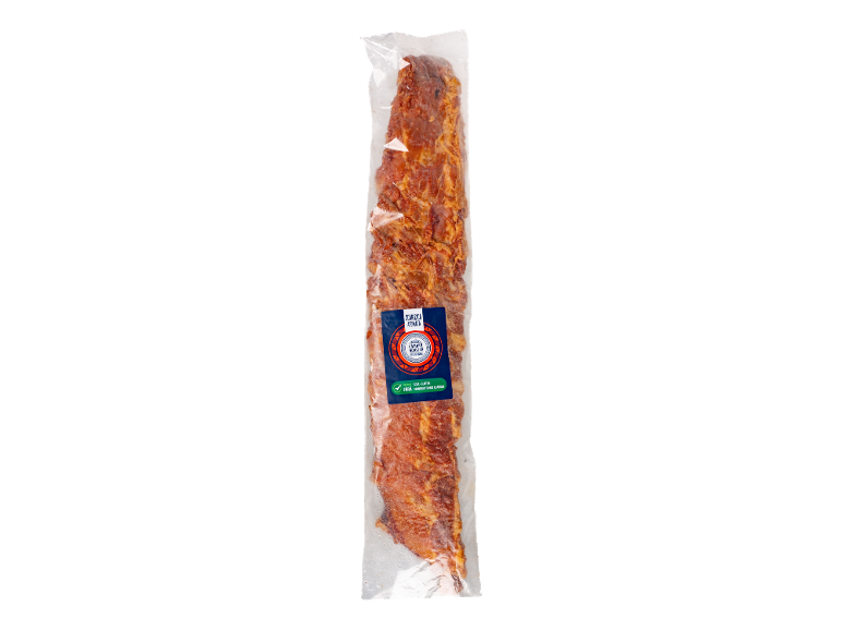 Coaste de porc afumate în ambalaj transparent, cu etichetă indicând fără soia, gluten și glutamat adăugat.