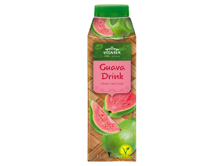 Băutură nectar de guava în stil thailandez, cu fructe proaspete și logo vegan.