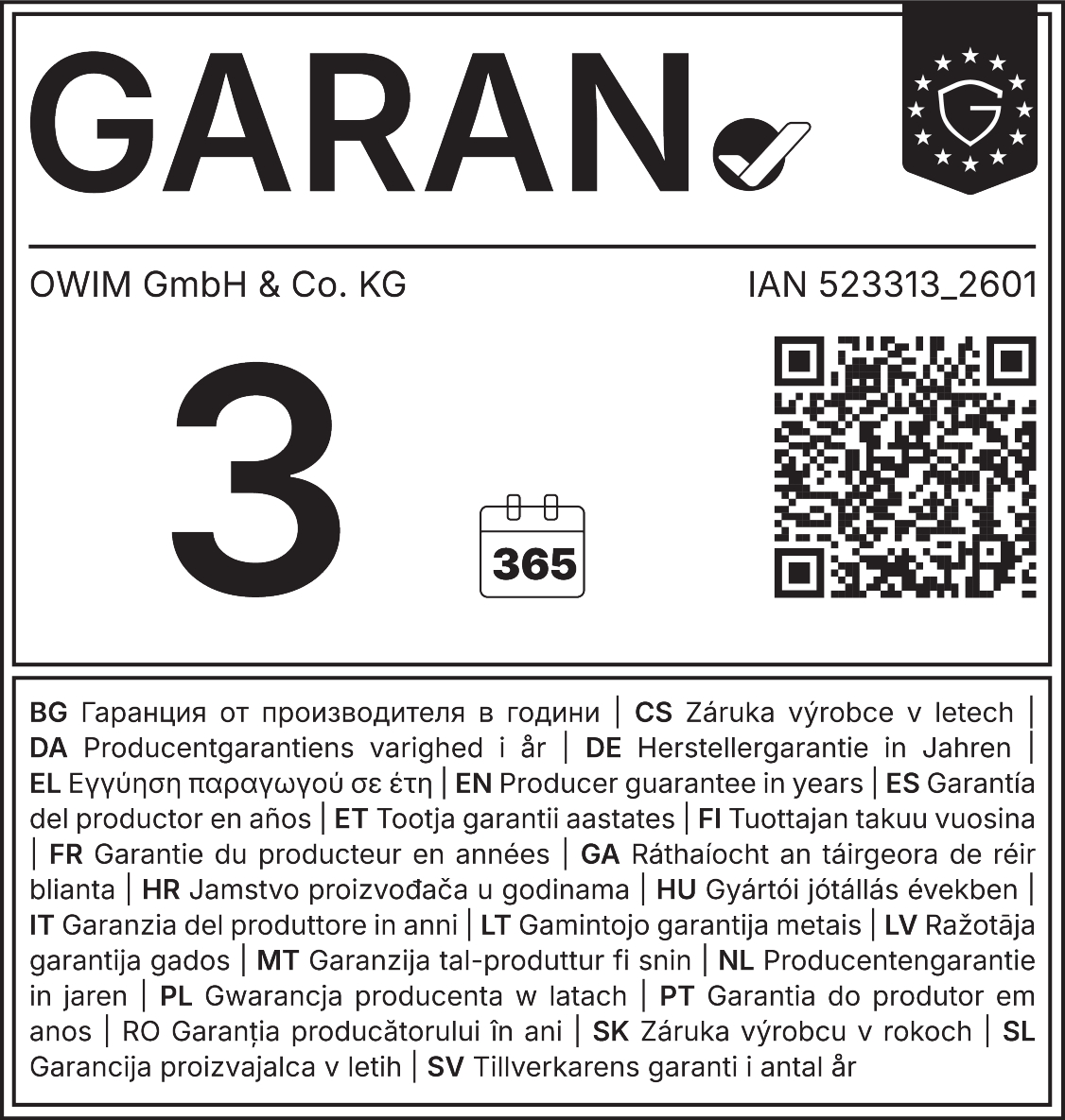Garanție 3 ani, 365 zile, IAN 523313_2601