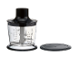 Robot de bucătărie cu bol transparent, măsurând până la 500 ml, și capac separat.