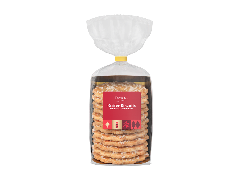 Pachet de biscuiți cu unt cu decorațiuni de zahăr și etichetă festivă.