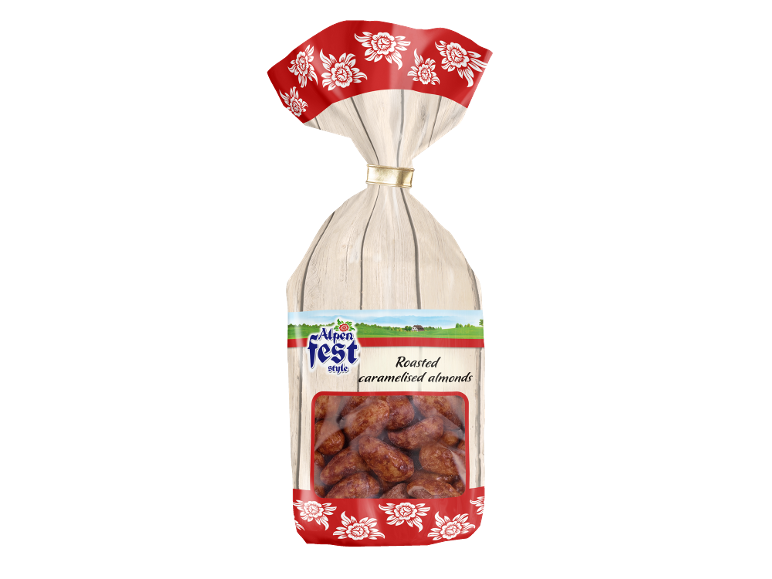 Pungă de migdale prăjite caramelizate cu un model floral roșu și alb.