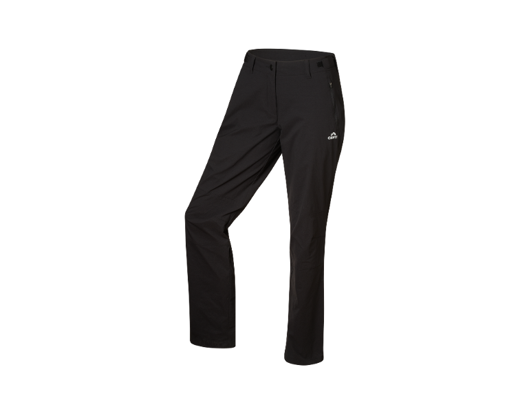 Pantaloni negri de drumeție cu fermoar și logo.