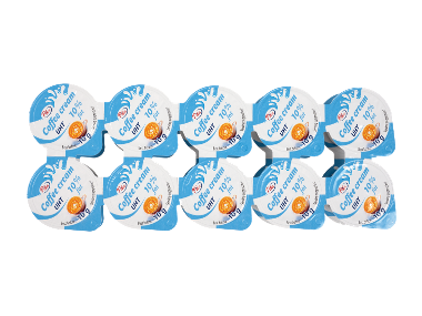 Zece cupe de 10g de smântână UHT pentru cafea cu 10% grăsime.