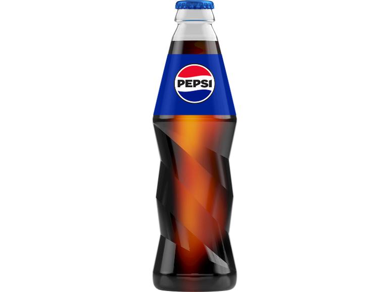 Sticlă de cola din sticlă cu etichetă și capac albastru, având un design dinamic, răsucit.