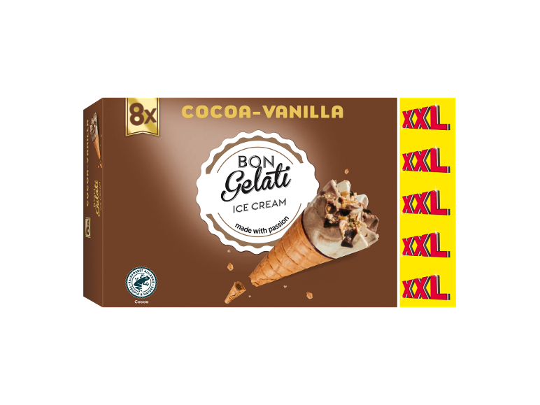 8x cornete de înghețată cacao-vanilie, mărime XXL, certificate Rainforest Alliance.