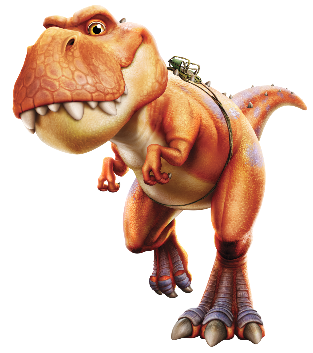 Dinozaur de desene animate cu echipament pe spate