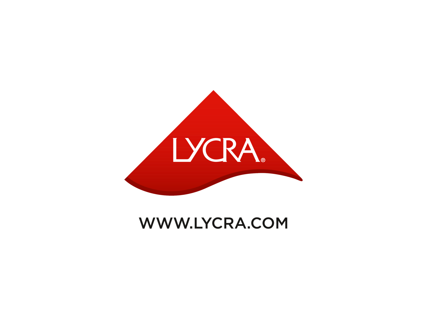 Logo triunghiular roșu cu textul LYCRA și adresa web WWW.LYCRA.COM.
