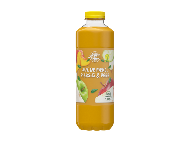 Sticlă de suc de mere, piersici și pere, 100% fructe, vegan.