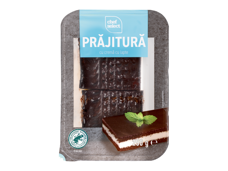 Prăjitură ambalată cu ciocolată și cremă de lapte, decorată cu frunze de mentă, 250 g.