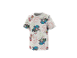 Tricou alb pentru copii cu imprimeu de personaje de desene animate și simboluri colorate.