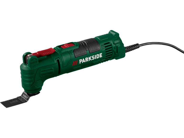 Unealtă electrică multifuncțională verde cu accesoriu de tăiere și cablu negru.