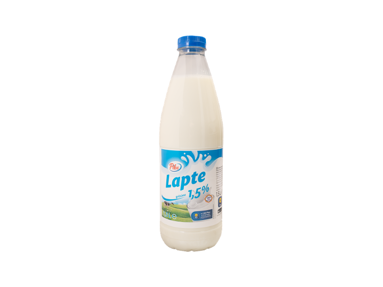 Sticlă de lapte cu 1,5% grăsime și 1,5 litri, cu etichetă albastră.