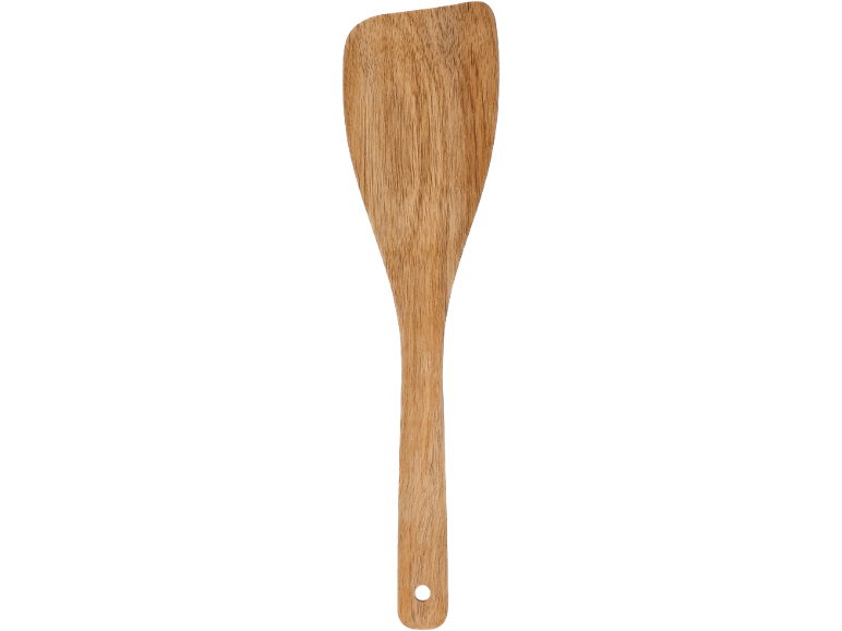 Spatulă de lemn cu mâner lung și orificiu de agățare.