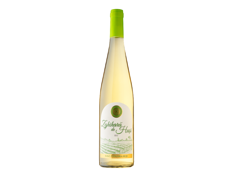 Vin alb într-o sticlă cu capac verde și etichetă cu textul „Zghihară de Huși SEC”.