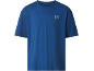 Tricou albastru cu mânecă scurtă și un logo curcubeu pe piept.