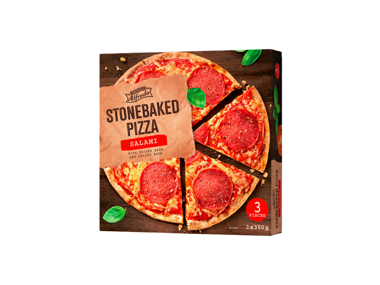 Pizza cu salam coaptă pe piatră, 3 bucăți, 3x350g.