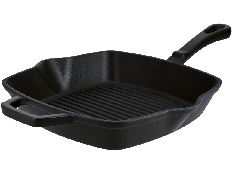 Tigaie grill pătrată din fontă neagră cu fund striat și mâner.