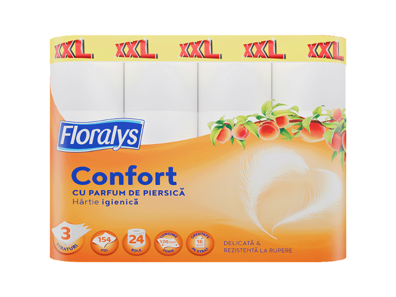 Hârtie igienică Floralys Confort cu 3 straturi și parfum de piersică, 24 role