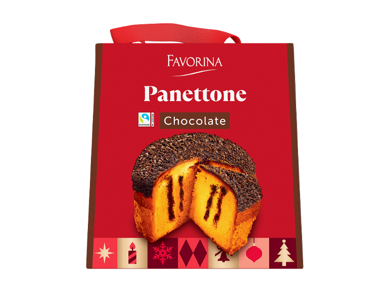 Panettone cu ciocolată în ambalaj festiv cu mâner.