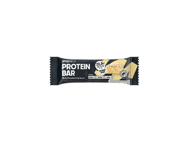 Baton proteic cu ciocolată albă, 22,5 g proteine, fără zahăr adăugat.