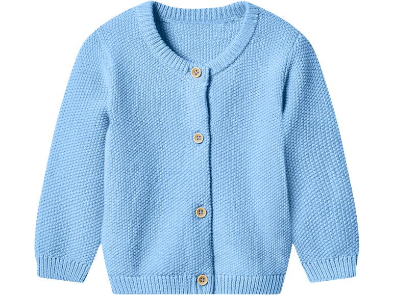 Cardigan tricotat albastru deschis pentru bebeluși cu nasturi din lemn.