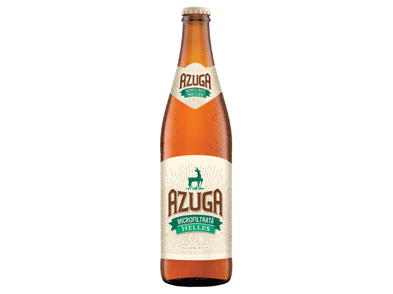 Sticlă de bere Helles cu etichetă cu cerb și textul „Microfiltrată Helles”.