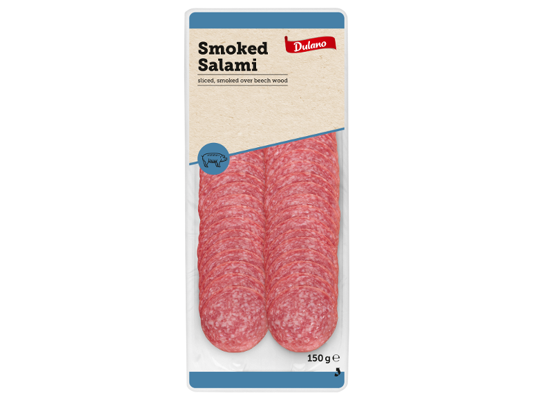 Ambalaj de salam afumat, feliat și afumat peste lemn de fag, 150g.