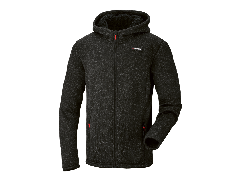 Hanorac fleece negru pentru bărbați, cu fermoar și detalii roșii.