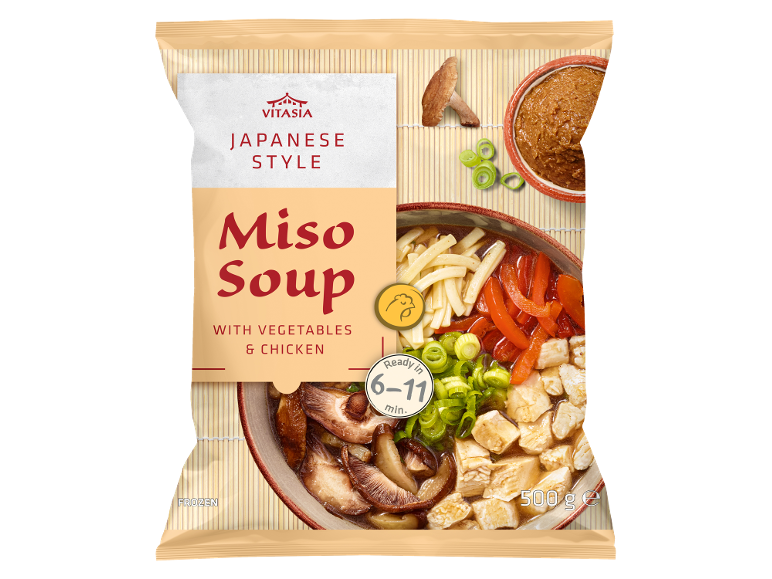 Supă miso stil japonez cu legume și pui, congelată, gata în 6-11 minute, 500g.