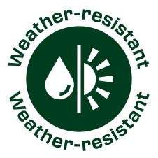 Sigiliu 'Weather-resistant' cu o picătură de apă și un soare.