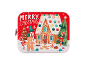 Cutie roșie cu casă de turtă dulce, brazi de Crăciun și textul „Merry Christmas”.
