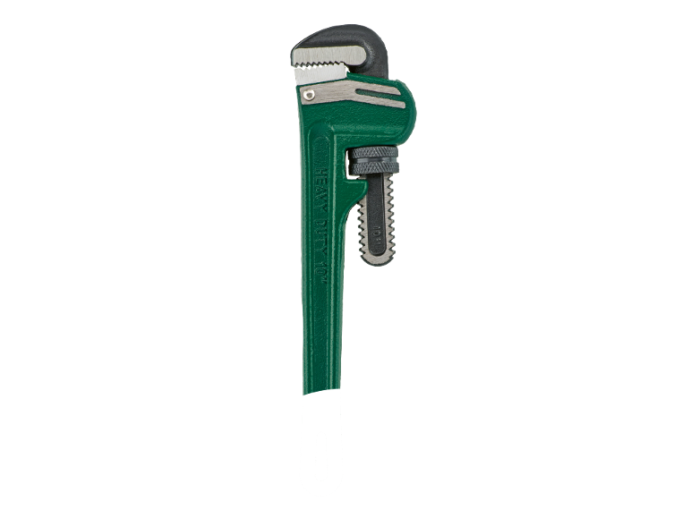 Cheie reglabilă verde pentru țevi, cu inscripția „HEAVY DUTY 10”.