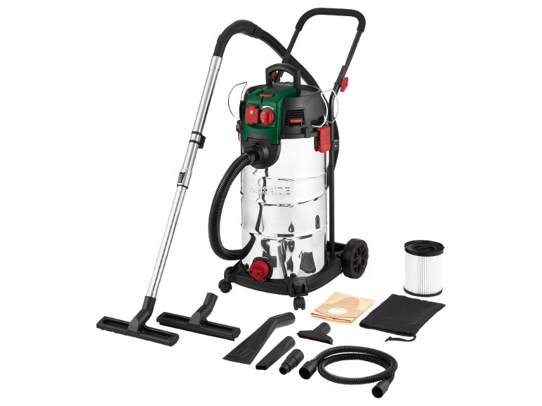 Aspirator umed-uscat cu accesorii, inclusiv perii, saci și filtru.