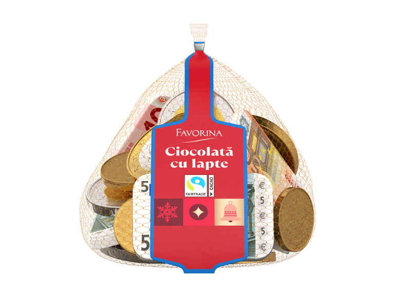Bani de ciocolată cu lapte Favorina în plasă, 150 g.