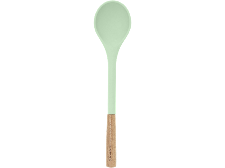 Lingură de bucătărie din silicon verde deschis cu mâner din lemn.