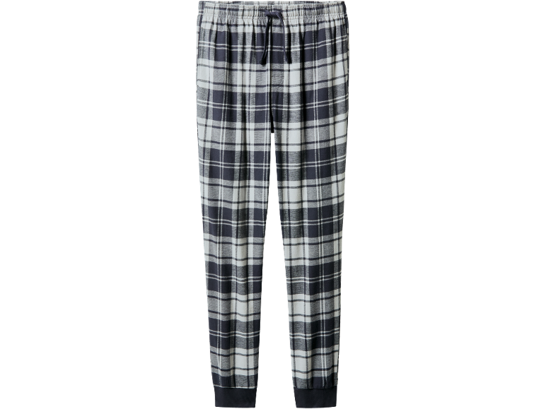 Pantaloni de pijama în carouri albe și bleumarin cu talie elastică și șnur.
