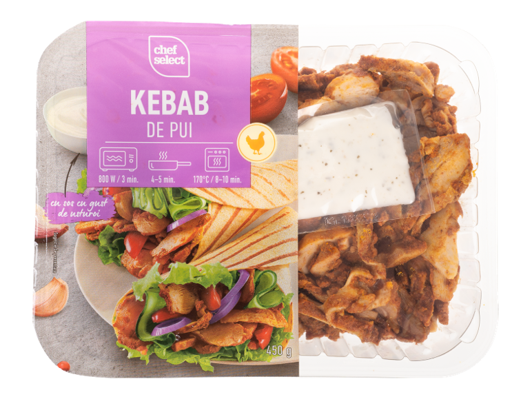 Kebab de pui cu sos de usturoi, 450 g, cu instrucțiuni de preparare.