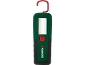O lampă de lucru verde și neagră cu un cârlig roșu și un buton de pornire.