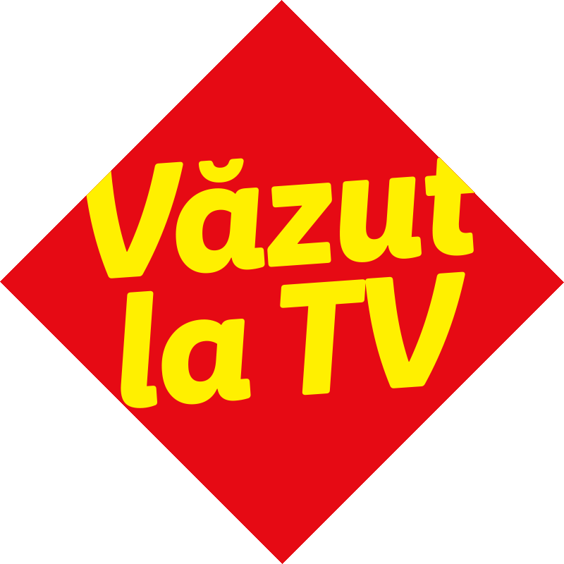 Sigiliu roșu în formă de diamant cu text galben: Văzut la TV.