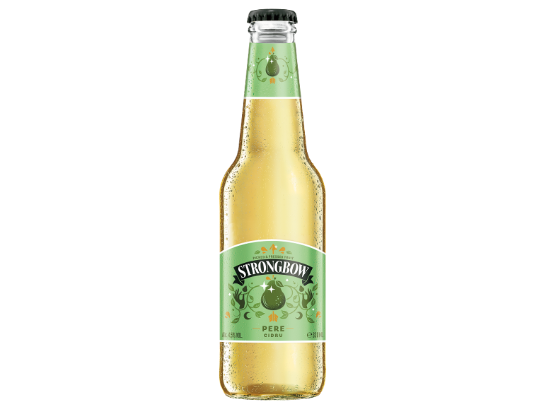 Sticlă de cidru de pere cu o etichetă verde cu textul „PERE CIDRU”.