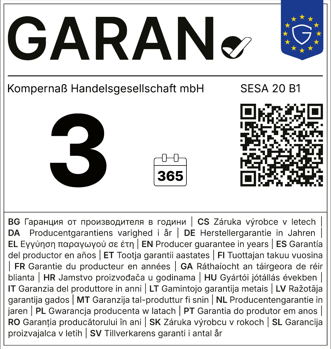 Garanție 3 ani, 365 zile. Garanția producătorului în ani.