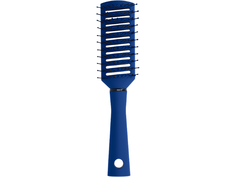 Perie de păr albastră cu orificii de ventilație și mâner ergonomic.