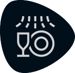 Icoană de spălare a vaselor cu un pahar și o farfurie sub jeturi de apă.
