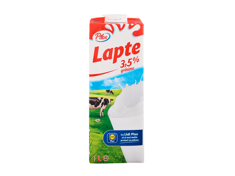 Pachet de lapte cu 3,5% grăsime, vacă pe pășune și stropi de lapte.