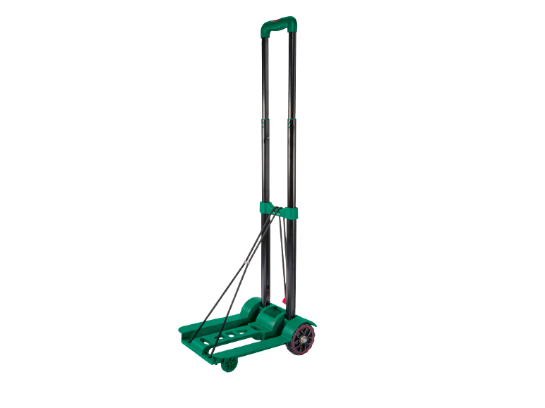 Cărucior de transport pliabil verde cu mâner telescopic și roți negre.
