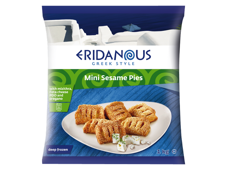Pachet de mini plăcinte grecești cu susan, congelate, cu mizithra, brânză feta și oregano.