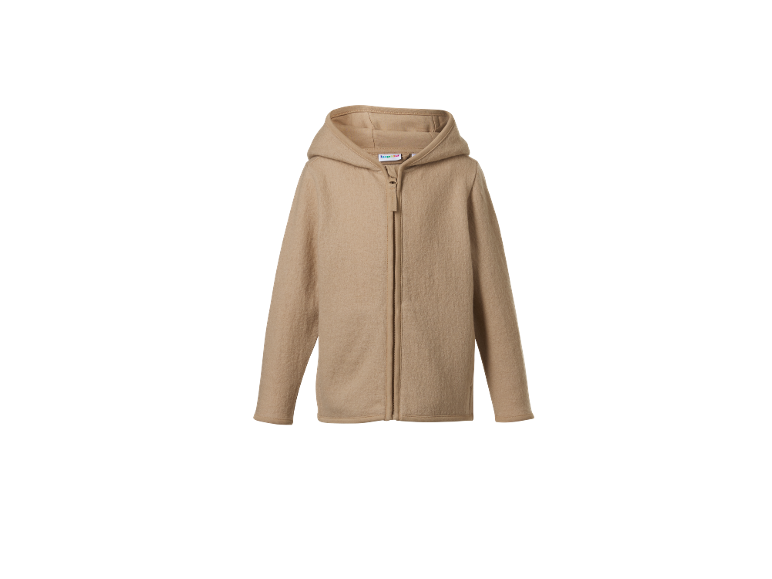 Jachetă fleece cu glugă de culoare camel, cu fermoar frontal.