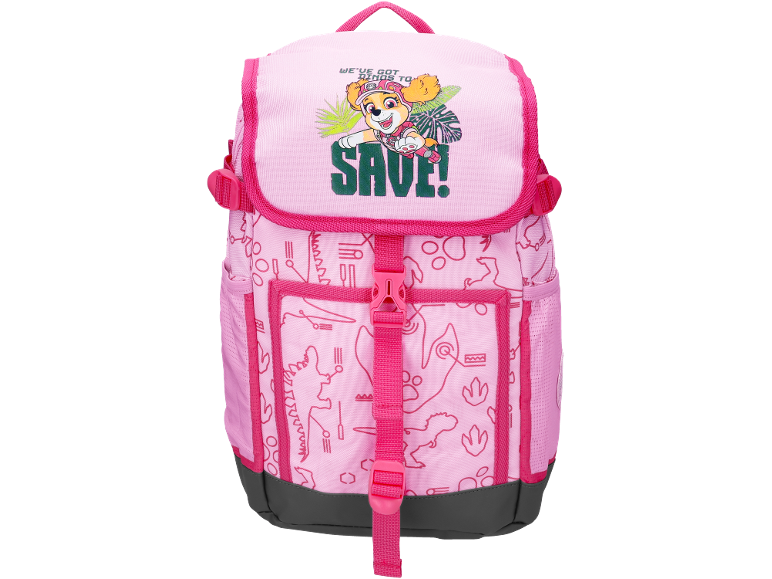 Rucsac roz cu motiv de cățeluș și textul „WE'VE GOT DINOS TO SAVE!”
